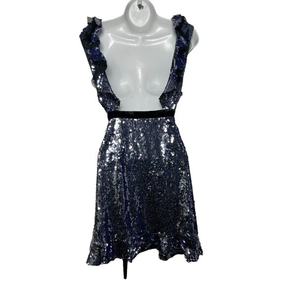 Free People Siren Sequin Mini Dress Purple Silver Ruffle Velvet Trim Party Sz 6 - Picture 12 of 16